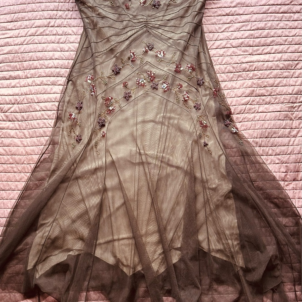 BCBGMaxAzria Elegant Brown mesh beaded sequins stretch lined dress 12 - Picture 3 of 10